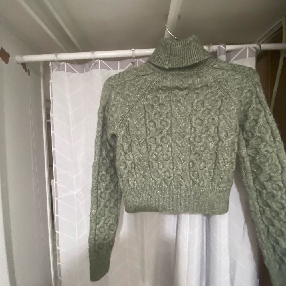 Green Cable Knit Turtleneck Sweater